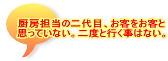 厨房担当の二代目、お客をお客と 思っていない。二度と行く事はない。